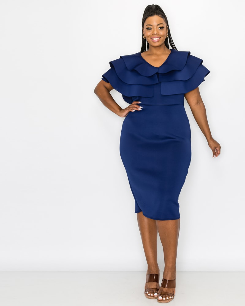 Front of a model wearing a size 2X Kyra Cascading Midi Dress in Navy by L I V D. | dia_product_style_image_id:244363